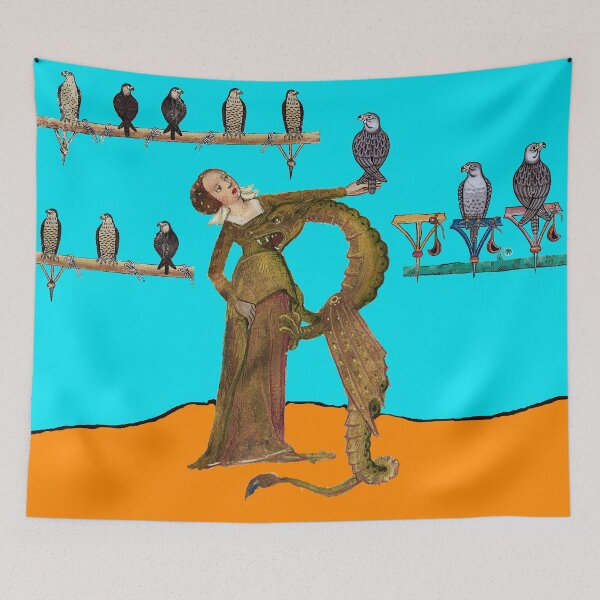 Item preview, LADY DRAGON WITH FALCONS R LETTER Orange Teal Blue Medieval Miniature designed and sold by BulganLumini.