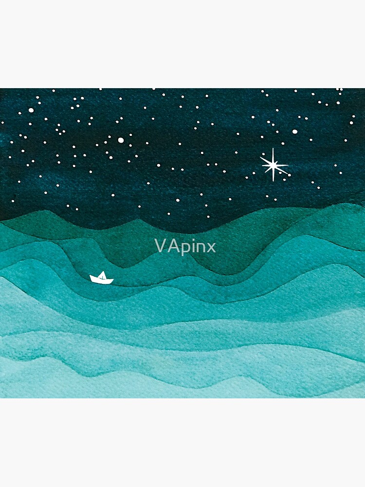 Starry Ocean, teal sailboat watercolor sea waves night by VApinx