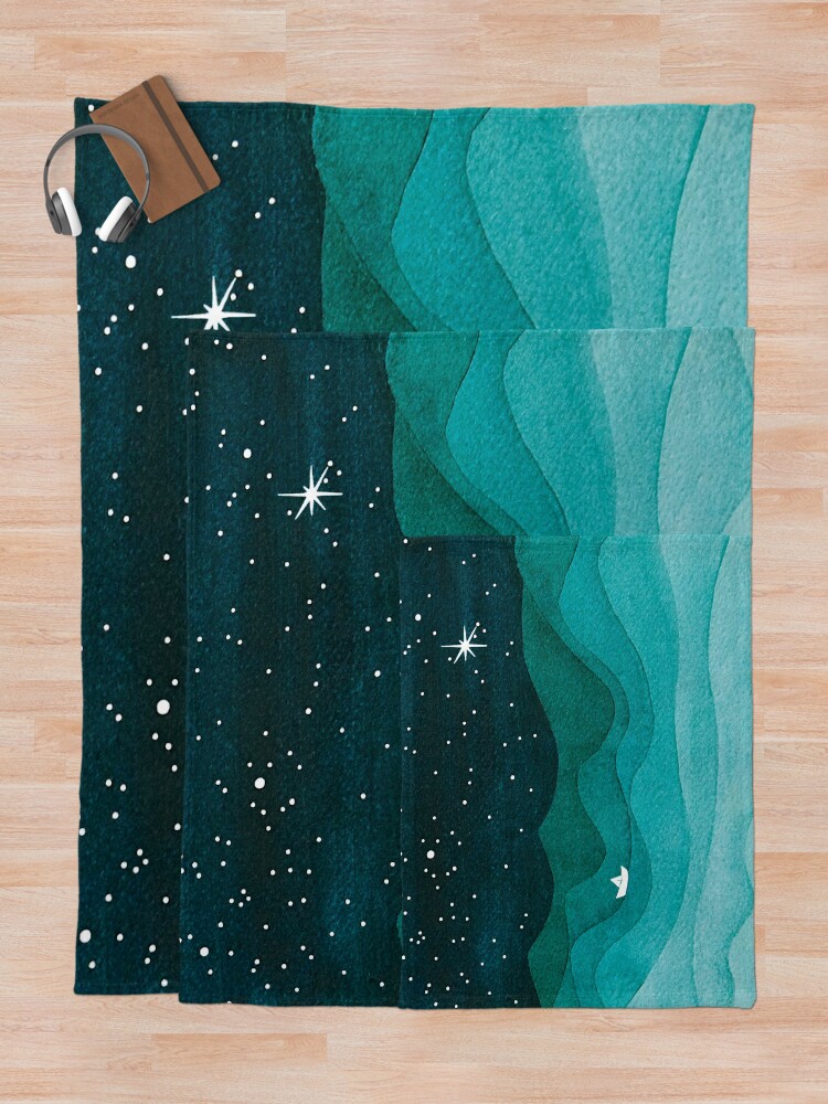 Alternate view of Starry Ocean, teal sailboat watercolor sea waves night Throw Blanket