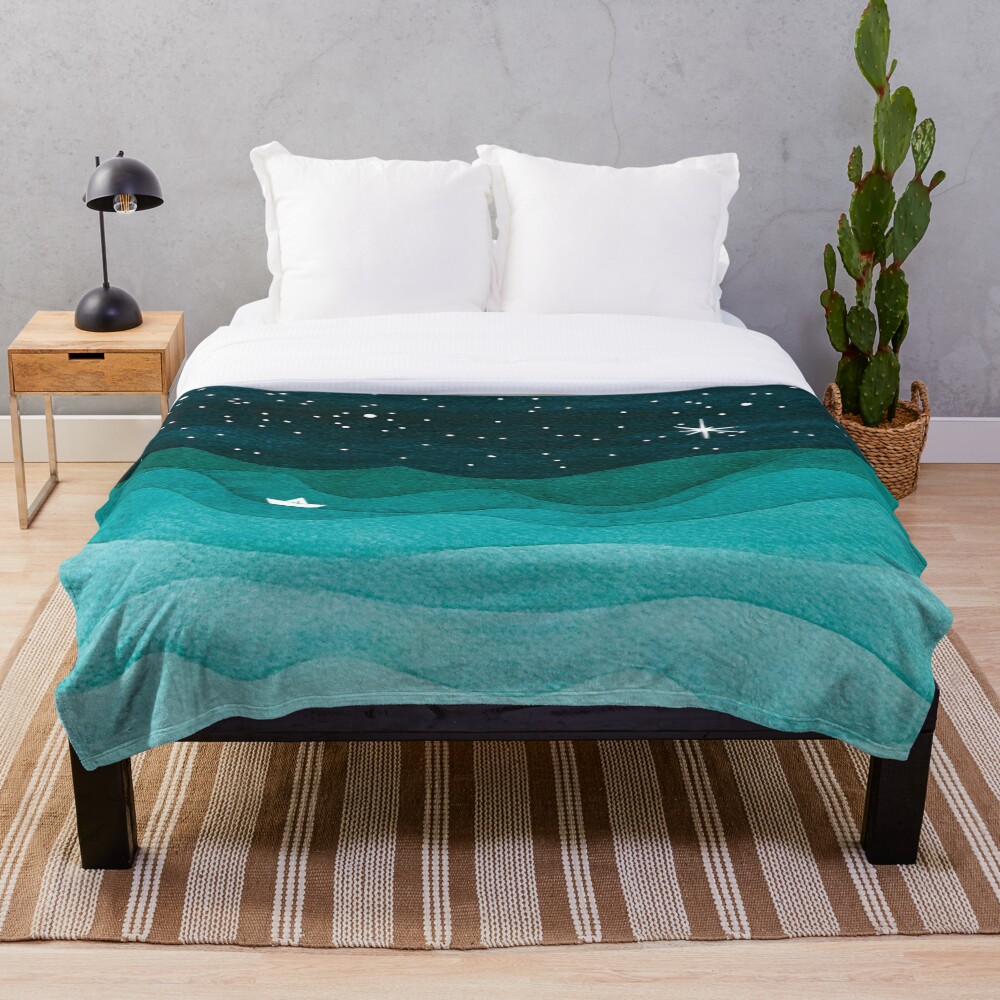 Starry Ocean, teal sailboat watercolor sea waves night Throw Blanket