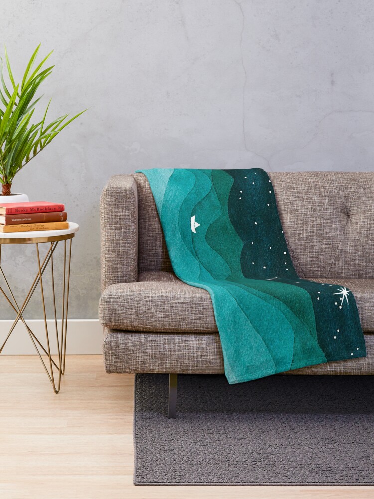 Alternate view of Starry Ocean, teal sailboat watercolor sea waves night Throw Blanket