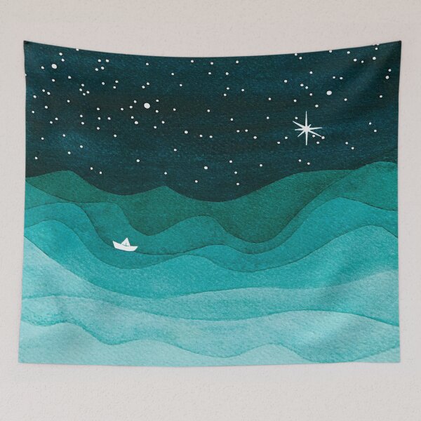 Item preview, Starry Ocean, teal sailboat watercolor sea waves night designed and sold by VApinx.