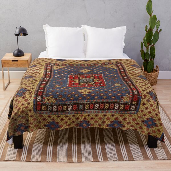Item preview, Kurdish Safreh 19th Century Authentic Colorful Picture of a Dark Tan Yellow and Blue Rug designed and sold by vintagepatterns.