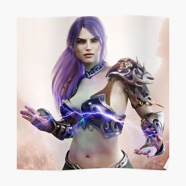 Portrait of a fantasy dark elf female warlock displaying her mystic power. Poster