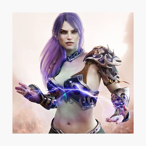 Vista previa del artículo con la obra «Retrato de una bruja elfa oscura de fantasía mostrando su poder místico.», diseñado y vendido por DigitalStorm.