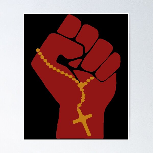 Aperçu de l'œuvre La théologie de la libération lève le poing - Christianisme radical, chrétien, protestation, justice sociale, gauchisme, socialisme créée et vendue par SpaceDogLaika.