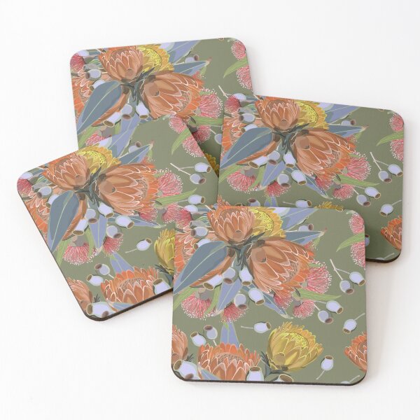 Item preview, Protea And Eucalyptus Bush - Retro Olive Greens and Orange Colour Palette designed and sold by Sketchbook Designs.