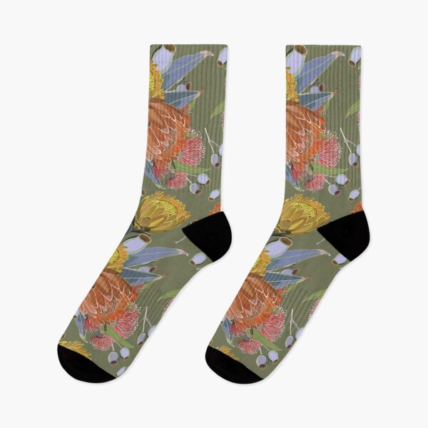 Item preview, Protea And Eucalyptus Bush - Retro Olive Greens and Orange Colour Palette designed and sold by Sketchbook Designs.