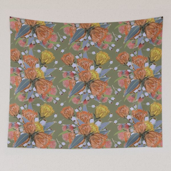 Item preview, Protea And Eucalyptus Bush - Retro Olive Greens and Orange Colour Palette designed and sold by Sketchbook Designs.