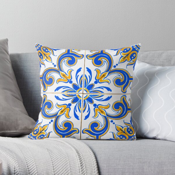 Blue and Yellow Traditional Portugese Tiles Pattern Throw Pillow