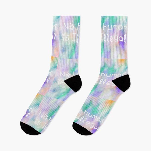 Item preview, No Human is Illegal Rainbow Watercolor Square Hippie Text designed and sold by everything4eva.