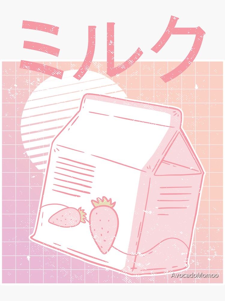 Vaporwave Retro Cute Kawai Strawberry Milk Box With Japanese Kanji Desing Sticker By Avocadomomoo Redbubble