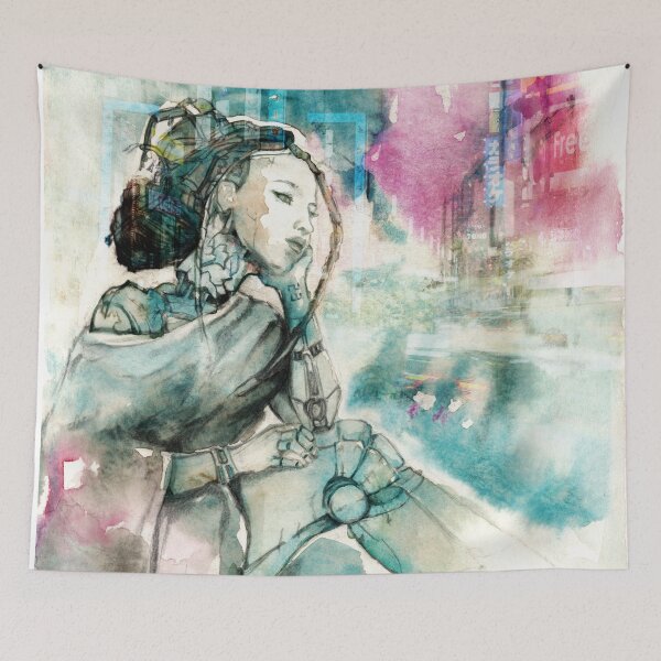 Item preview, Rainy Neon Street Sci Fi Portrait designed and sold by Miriam Steinau.