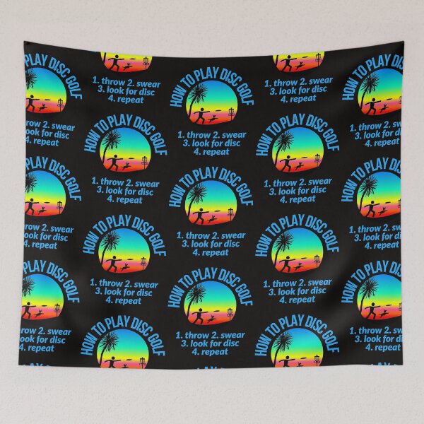 Item preview, how to play disc golf 1.throw 2. swear 3. look for disc 4. repeat. sunset . man with dog playing disc golf designed and sold by efenem.