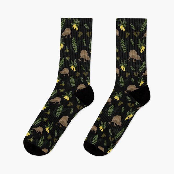 Item preview, New Zealand Kiwi Bird and Kowhai Pattern Design on Black designed and sold by Tara Slater.