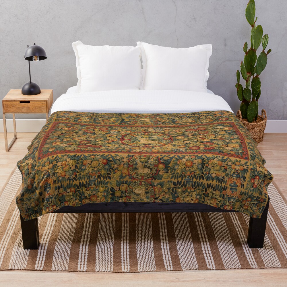 Medieval Unicorn Floral Tapestry Throw Blanket
