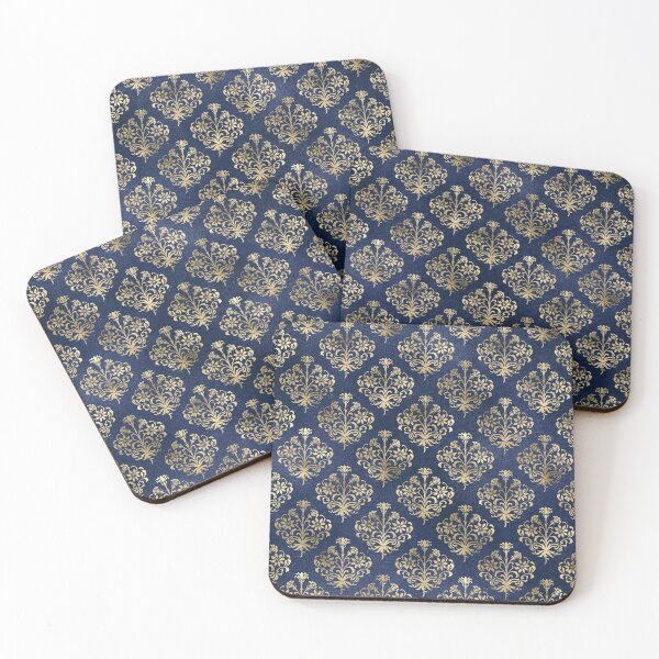 Item preview, Golden flower damask on a blue background designed and sold by AnnieHochmann.