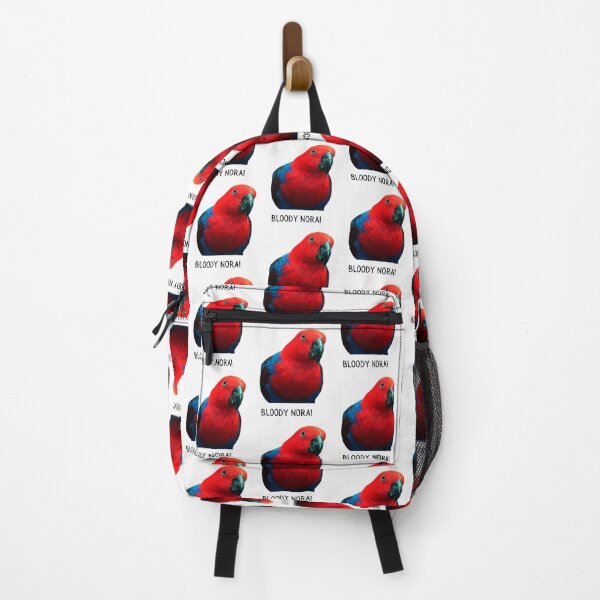 Item preview, Bloody Nora!, Red and blue Rosella parrot, close up. Photograph and black text. designed and sold by JellyBeenzz.
