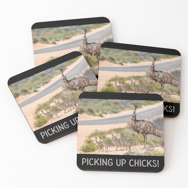 Item preview, Picking up chicks. Photograph of an emu with her chicks and grey text. designed and sold by JellyBeenzz.
