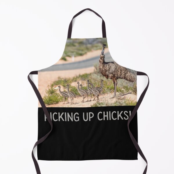 Item preview, Picking up chicks. Photograph of an emu with her chicks and grey text. designed and sold by JellyBeenzz.