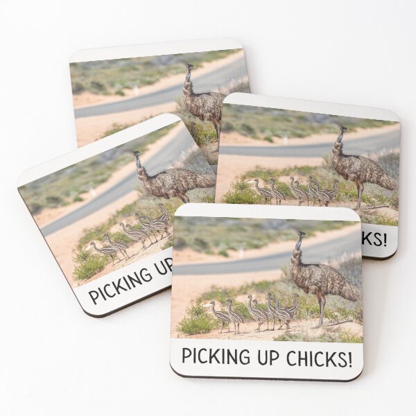 Item preview, Picking up chicks. Photograph of an emu with her chicks and black text. designed and sold by JellyBeenzz.