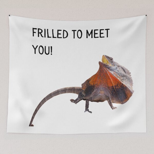 Item preview, Frilled (Thrilled) to meet you. Photograph of a frill necked lizard and burnt orange text. designed and sold by JellyBeenzz.