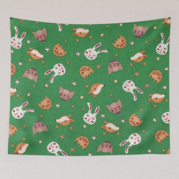 Item preview, Printed cotton, fox cats rabbits, green background designed and sold by jwebmarket.