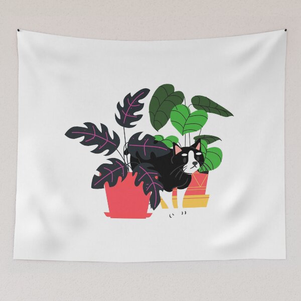 Item preview, Black Grey Cat with Colorful House Plant  designed and sold by BohoMoon.