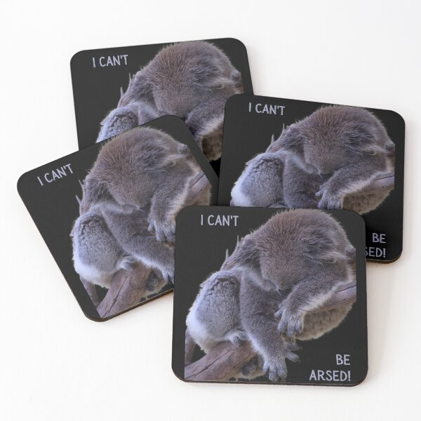 Item preview, I can't be arsed! Photo of a koala sleeping in a tree and grey text. designed and sold by JellyBeenzz.