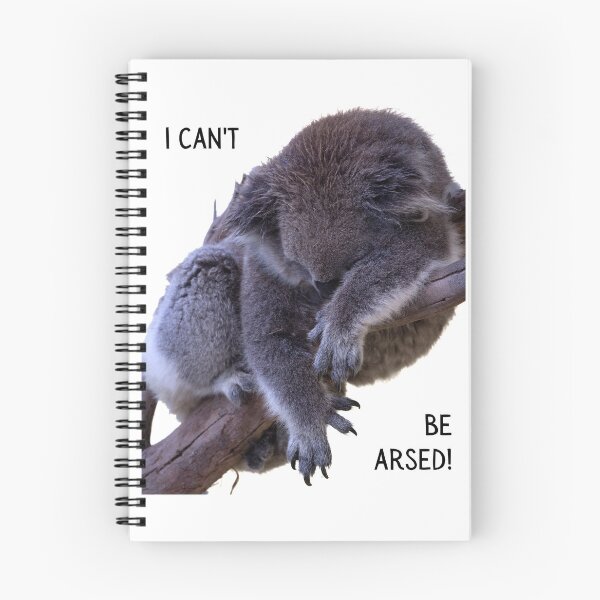Item preview, I can't be arsed! Photo of a koala sleeping in a tree. White background, black text. designed and sold by JellyBeenzz.