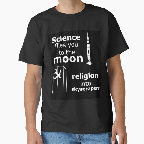 Vista previa del artículo con la obra «La ciencia te lleva a la Luna, la religión a los rascacielos», diseñado y vendido por seamork.