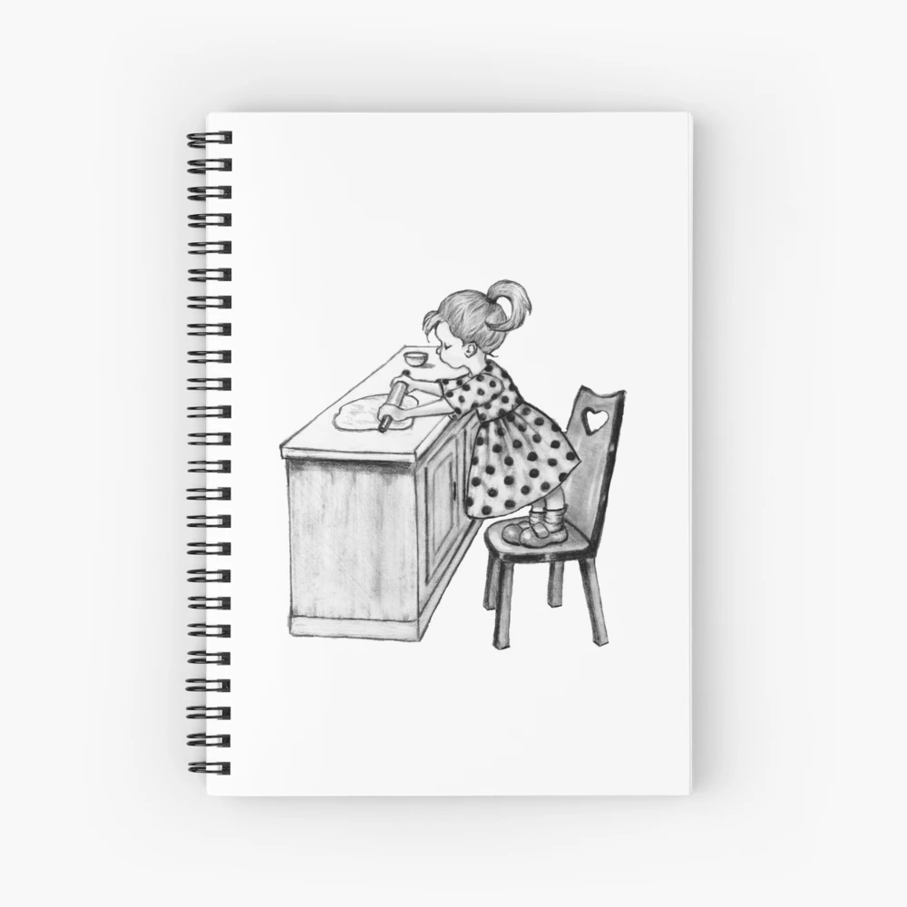 Cute Little Girl Standing on Stack of Books Pencil Drawing Spiral Notebook  for Sale by Joyce Geleynse