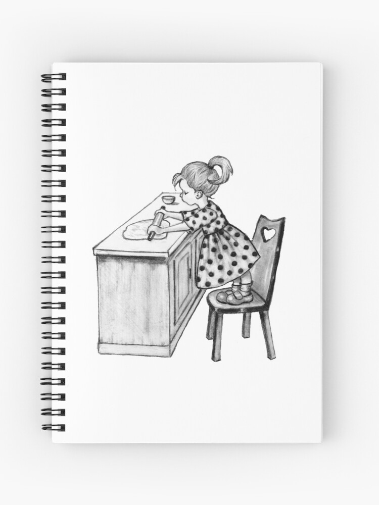 Cute Little Girl Standing on Stack of Books Pencil Drawing Spiral Notebook  for Sale by Joyce Geleynse