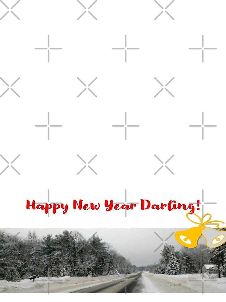 Happy New Year Darling! In red font. White background with bells and a winter scene by Veee8