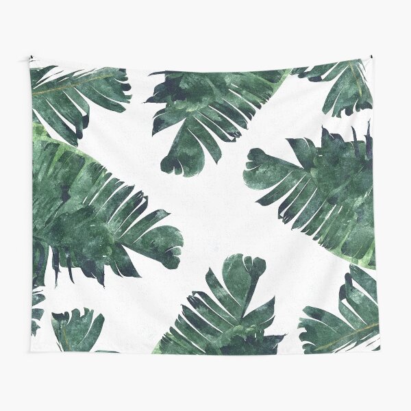 Banana Leaves Watercolor Painting, Tropical Botanical Jungle Nature Minimal Vibrant Modern Bohemian Illustration Tapestry