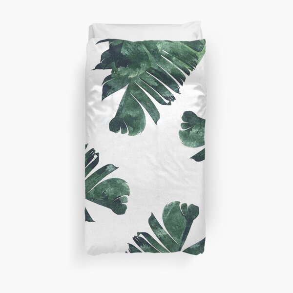 Banana Leaves Watercolor Painting, Tropical Botanical Jungle Nature Minimal Vibrant Modern Bohemian Illustration Duvet Cover