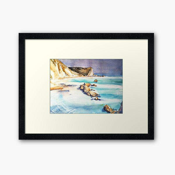 Watercolour landscape painting - MAN of WAR Bay - Crumbling cliffs on the coast - turquoise, beige Framed Art Print