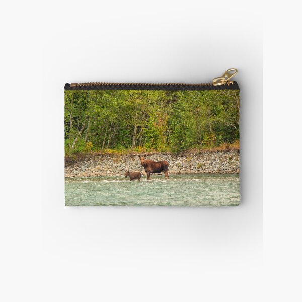 Item preview, Mother Moose and her calf trying to cross a fast flowing glacial blue river in British Columbia, Canada. designed and sold by SnapTPhotograph.