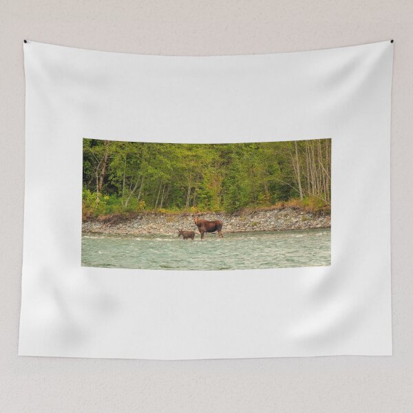 Item preview, Mother Moose and her calf trying to cross a fast flowing glacial blue river in British Columbia, Canada. designed and sold by SnapTPhotograph.