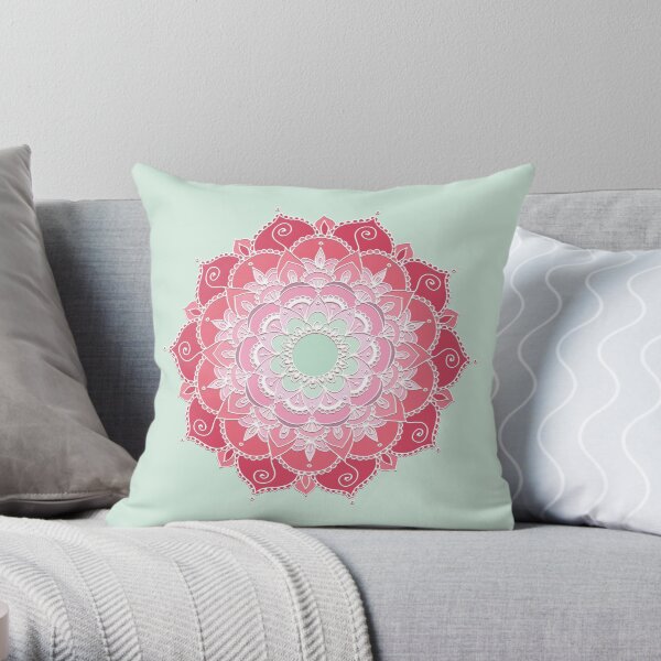 Ten Pointed Mandala (Red, Pink, and Light Green) Throw Pillow