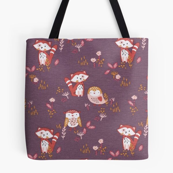 Item preview, Red panda and owl cotton jersey - aubergine designed and sold by jwebmarket.