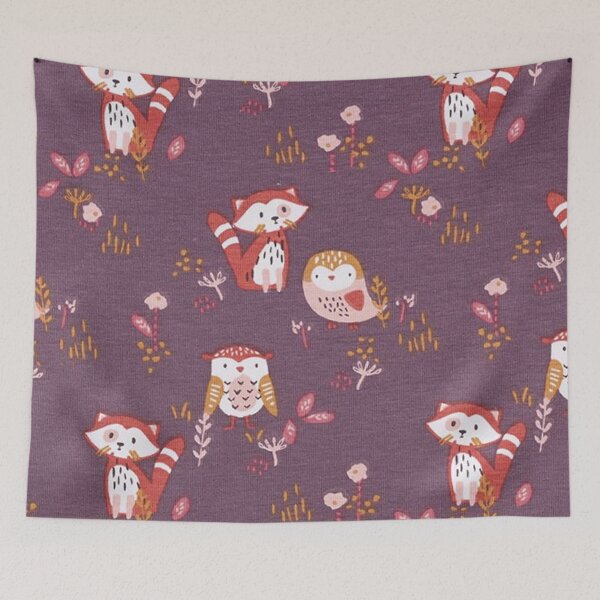 Item preview, Red panda and owl cotton jersey - aubergine designed and sold by jwebmarket.