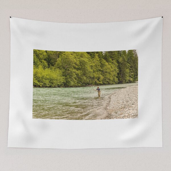 Item preview, A fly fisherman spey casting, while wading in the fast flowing Kitimat River designed and sold by SnapTPhotograph.