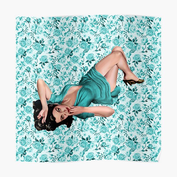 Girl Laying Down Turquoise Roses Background Sexy Pinup Retro Classic Vintage Poster For