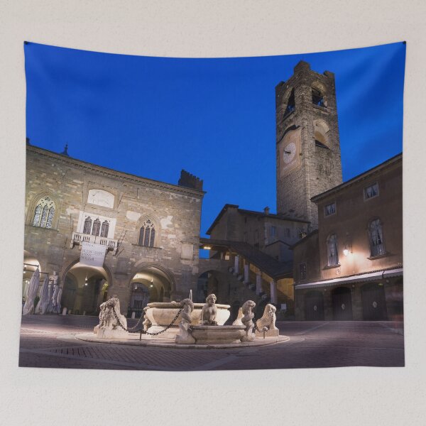 Item preview, Beautiful Bergamo at Night - Piazza Vecchia Contarini Fountain and Campanone Clocktower designed and sold by Georgia Mizuleva.