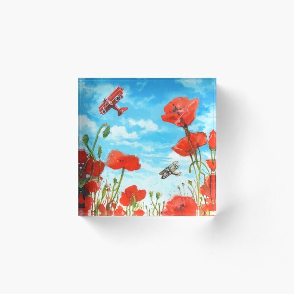 Waltzing Partners, Great War biplane dogfight above a field of poppies. Acrylic Block