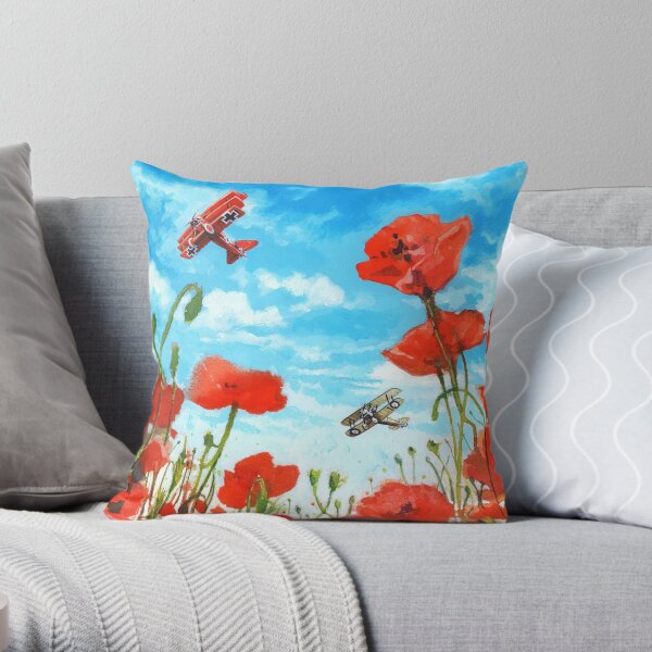 Waltzing Partners, Great War biplane dogfight above a field of poppies. Throw Pillow