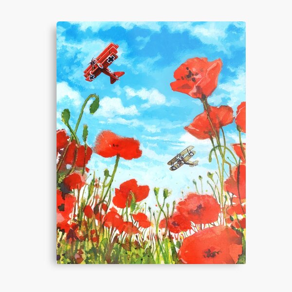 Waltzing Partners, Great War biplane dogfight above a field of poppies. Metal Print