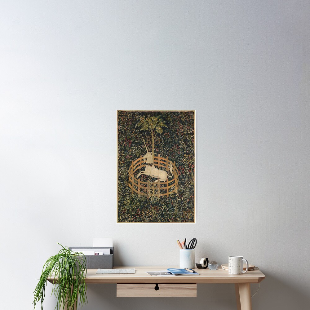 Medieval Unicorn In Captivity Floral Tapestry Poster