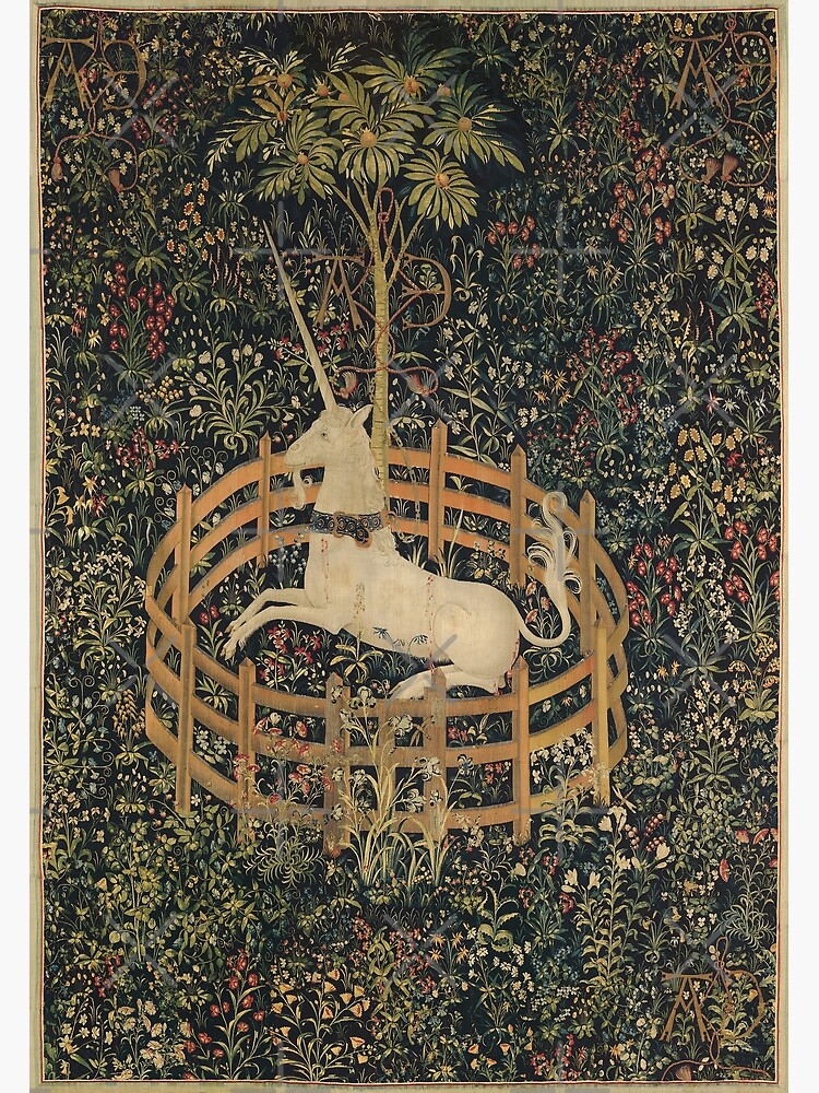 Medieval Unicorn In Captivity Floral Tapestry by epitomegirl